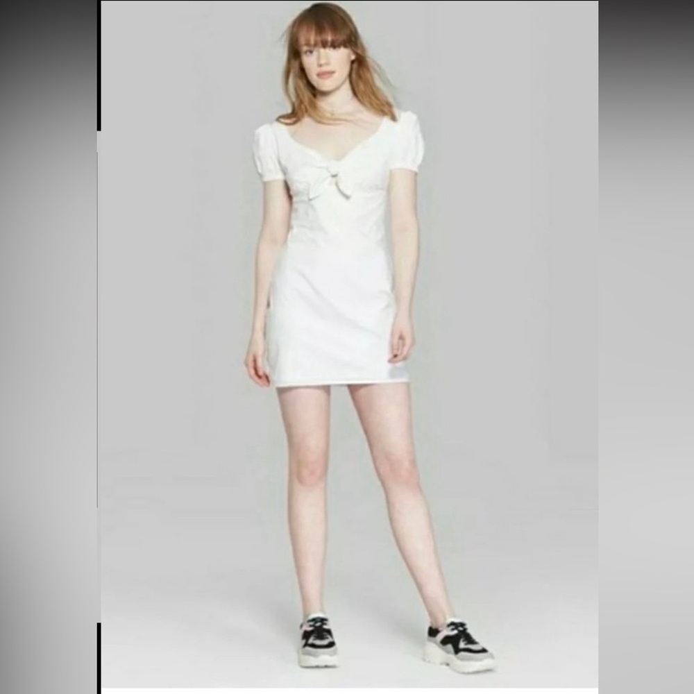 Wild Fable Mini dress Size L White Puff Sleeve Bow Front Cotton Feminine Rush